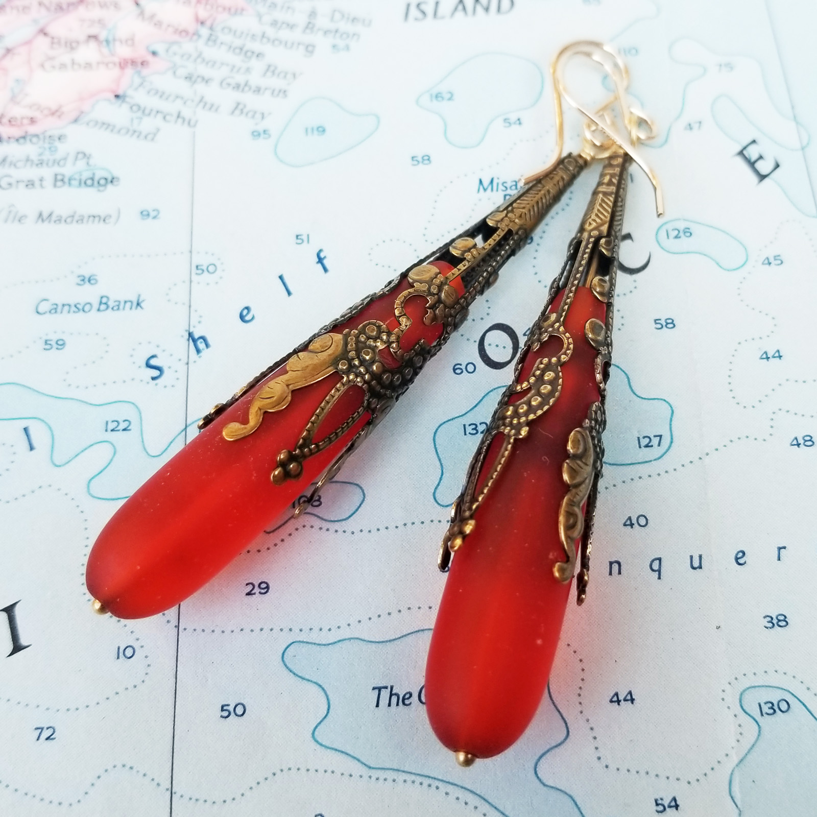 Coral Red Call Me Vintage Sea Glass and Brass Earrings