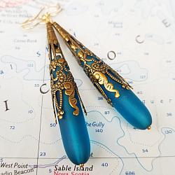 Azure Blue Call Me Vintage Brass and Seaglass Earrings