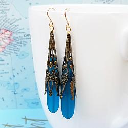 Azure Blue Call Me Vintage Brass and Seaglass Earrings